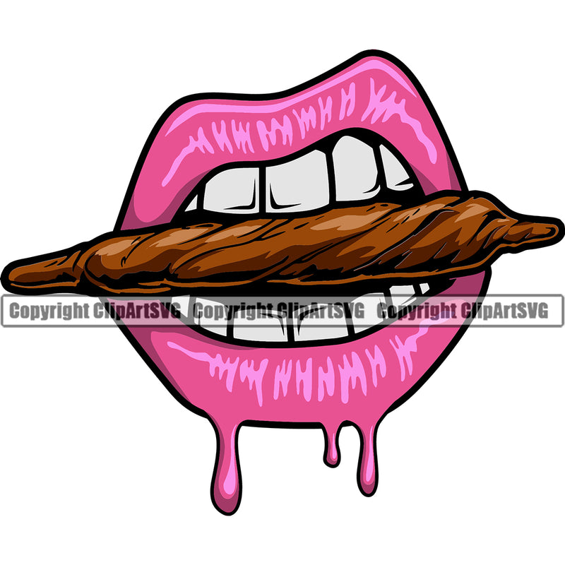 Lips Bite Biting Marijuana Pot Joint Blunt Design Element Pink Color Dripping Face Sexy Mouth Position Head Cartoon Woman Female Girl Lady Character Mascot Creation Create Art Artwork Creator Business Company Logo Clipart SVG