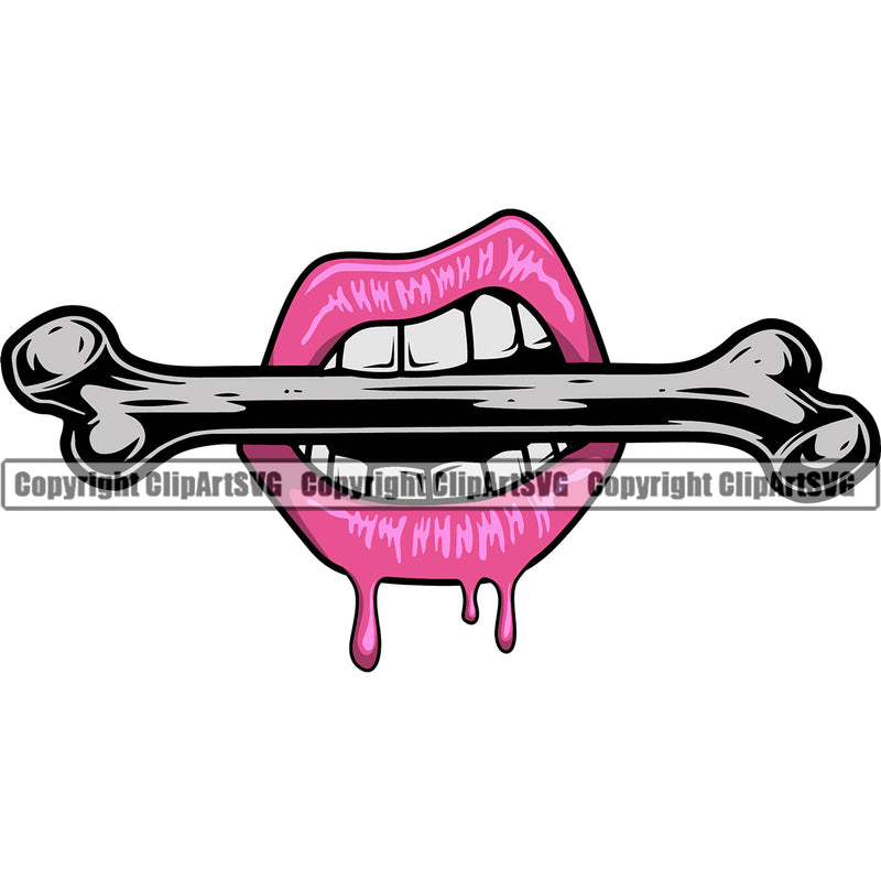 Lips Bite Biting Human Bone Horror Pink Color Dripping Design Element Woman Female Girl Lady Face Sexy Mouth Position Head Cartoon Character Mascot Creation Create Art Artwork Creator Business Company Logo Clipart SVG