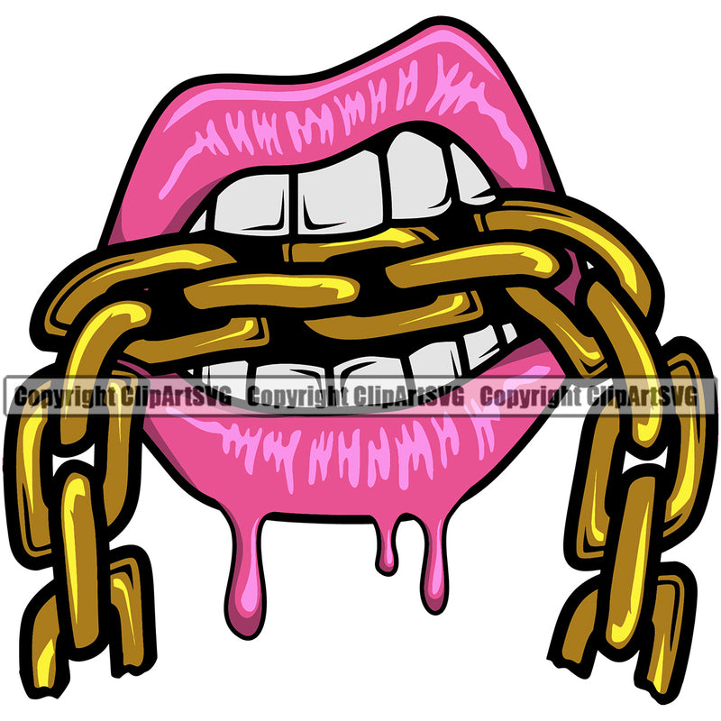 Lips Mouth Teeth Bite Biting Gold Chain Necklace Design Element Face Sexy Position Woman Female Girl Lady Cartoon Character Mascot Creation Create Art Artwork Creator Business Company Logo Clipart SVG