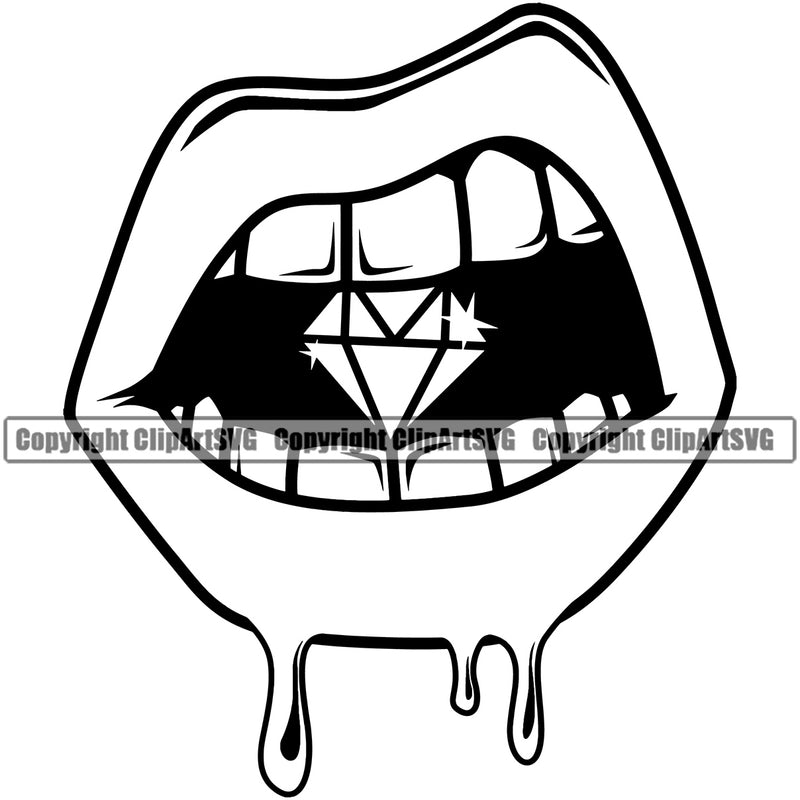 Lips Bite Biting Diamond Dripping Design Element Face Sexy Mouth Position Woman Female Girl Lady Cartoon Character Mascot Creation Create Art Artwork Creator Business Company Logo Clipart SVG