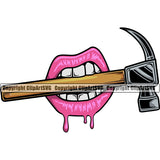 Lips Pink Lip Bite Biting Hammer Color Design Element Face Sexy Mouth Woman Female Girl Lady Head Cartoon Character Mascot Creation Create Art Artwork Creator Business Company Logo Clipart SVG