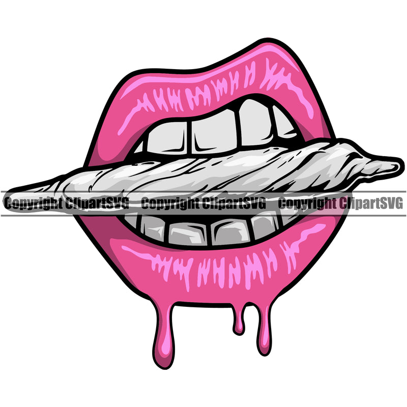 Lips Bite Biting Marijuana Pot Joint Blunt Pink Color Design Element Face Sexy Mouth Position Woman Female Girl Lady Cartoon Character Mascot Creation Create Art Artwork Creator Business Company Logo Clipart SVG