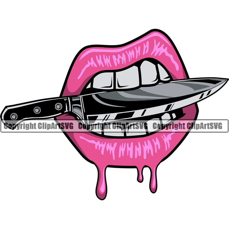 Lips Pink Lip Butcher Bite Biting Knife Horror Dripping Design Element Face Sexy Mouth Position Creator Business Company Head Mean Woman Female Girl Lady Cartoon Character Mascot Creation Create Art Artwork Logo Clipart SVG