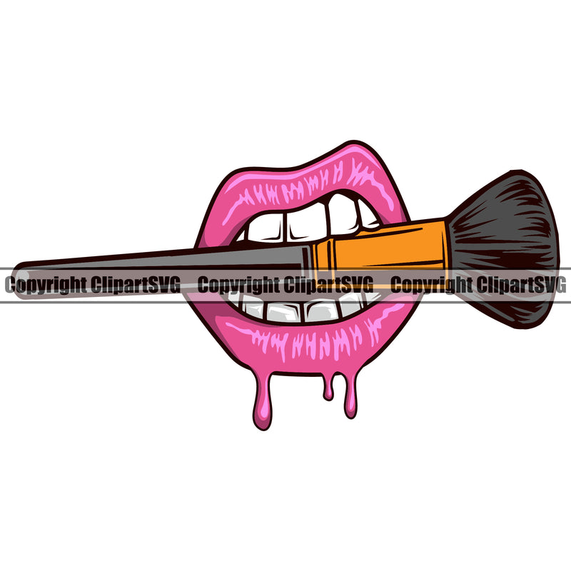 Lips Color Makeup Brush Dripping Bite Biting Design Element Face Sexy Mouth Position Head Woman Female Girl Lady Character Mascot Creation Create Art Artwork Creator Business Company Logo Clipart SVG