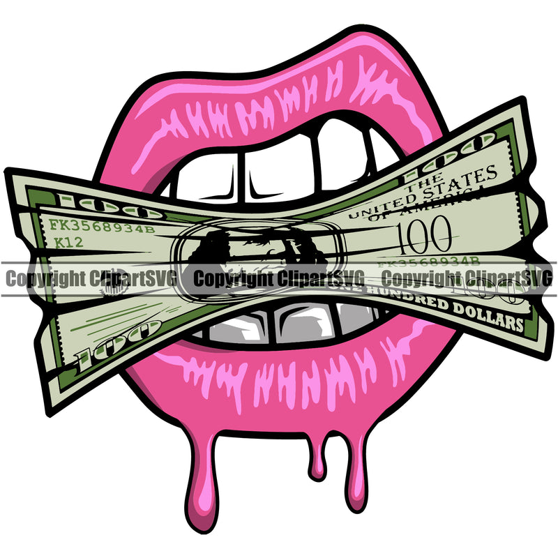 Lips Mouth Teeth Bite Biting $100 Dollar Bill Cash Money Pink Lip Dripping Color Design Element Face Sexy Mouth Position Head Woman Female Girl Creator Business Company Logo Lady Cartoon Character Mascot Creation Create Art Artwork Clipart SVG