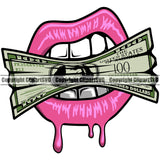 Lips Mouth Teeth Bite Biting $100 Dollar Bill Cash Money Pink Lip Dripping Color Design Element Face Sexy Mouth Position Head Woman Female Girl Creator Business Company Logo Lady Cartoon Character Mascot Creation Create Art Artwork Clipart SVG