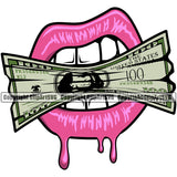 Lips Mouth Teeth Bite Biting $100 Dollar Bill Cash Money Pink Color Lip Design Element Face Sexy Mouth Position Head Woman Female Girl Lady Cartoon Character Mascot Creation Create Art Artwork Creator Business Company Logo Clipart SVG