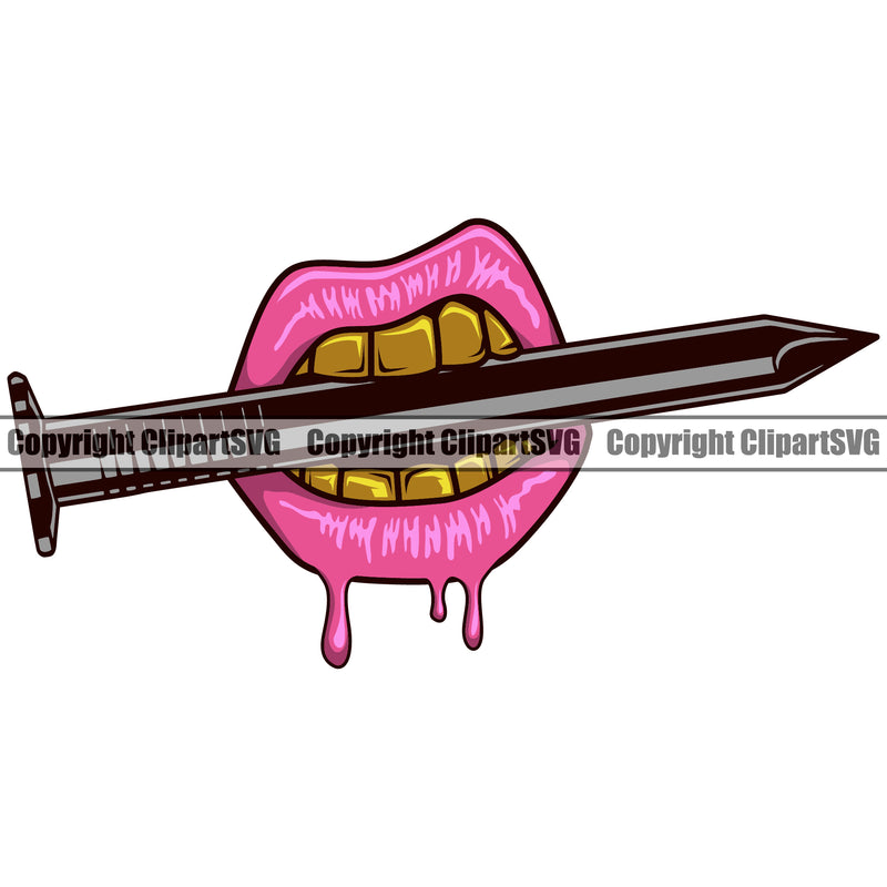 Lips Mouth Teeth Bite Biting Nail Pink Lip Gold Teeth Dripping Design Element Face Sexy Mouth Position Head Mascot Gangster Grill Thug Mean Mug Bling Jewelry Woman Female Girl Create Art Artwork Creator Business Company Logo Clipart SVG