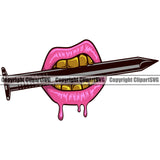 Lips Mouth Teeth Bite Biting Nail Pink Lip Gold Teeth Dripping Design Element Face Sexy Mouth Position Head Mascot Gangster Grill Thug Mean Mug Bling Jewelry Woman Female Girl Create Art Artwork Creator Business Company Logo Clipart SVG