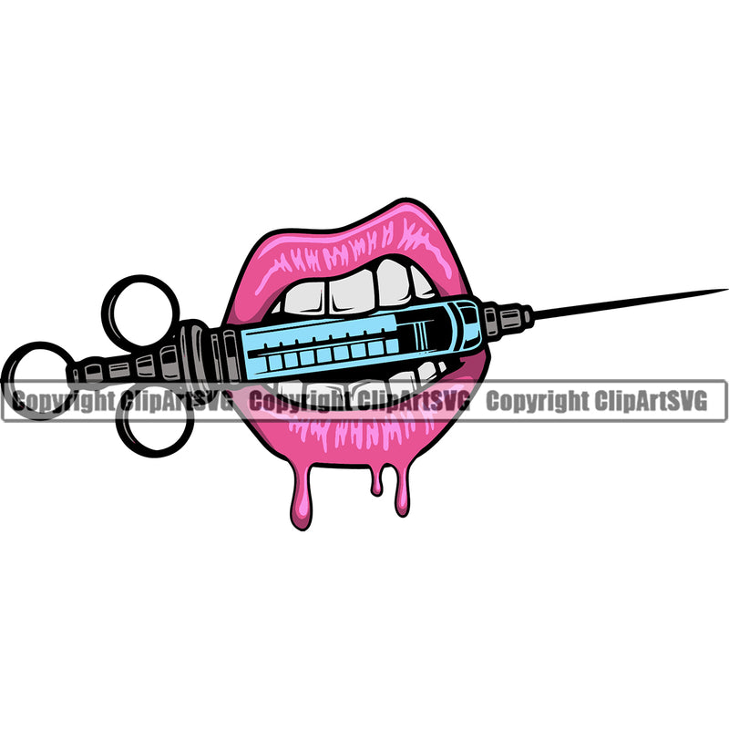 Lips Color Pink Medical Needle Syringe Design Element Face Sexy Mouth Position Head Cartoon Character Mascot Creation Create Art Artwork Creator Woman Female Girl Lady Logo Clipart SVG