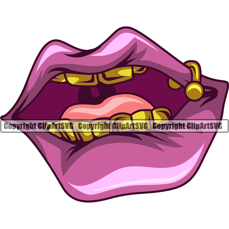 Sexy Lips Sticking Tongue Out Piercing Gold Teeth Design Element Face Sexy Mouth Position Head Character Mascot Creation Create Gangster Grill Thug Mean Mug Bling Jewelry Woman Female Girl Lady vArtwork Creator Business Company Logo Clipart SVG