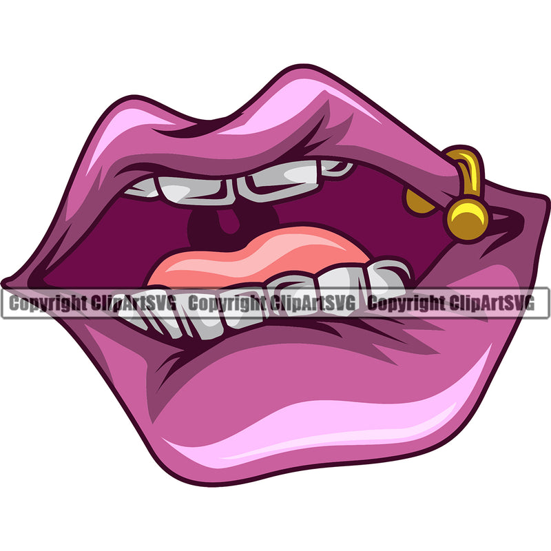 Sexy Lips Sticking Tongue Out Piercing White Teeth Design Element Face Sexy Mouth Position Woman Female Girl Lady Male Man Boy Cartoon Character Mascot Creation Create Art Artwork Creator Business Company Logo Clipart SVG