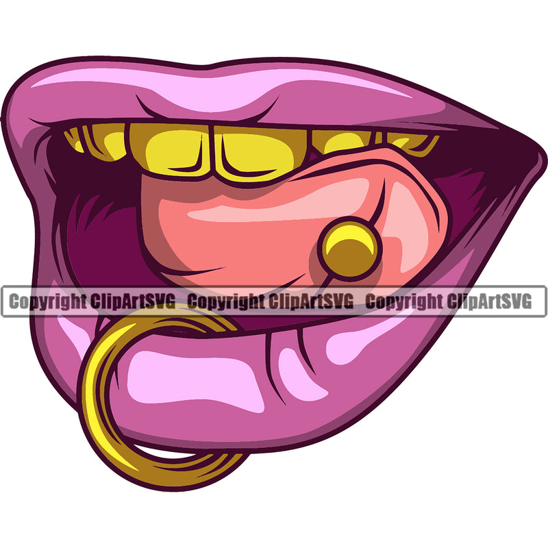 Sexy Lips Sticking Tongue Out Piercing Bottom Lip Ring Design Element Face Sexy Mouth Position Head Woman Female Girl Lady Cartoon Character Mascot Creation Create Art Artwork Creator Business Company Logo Clipart SVG