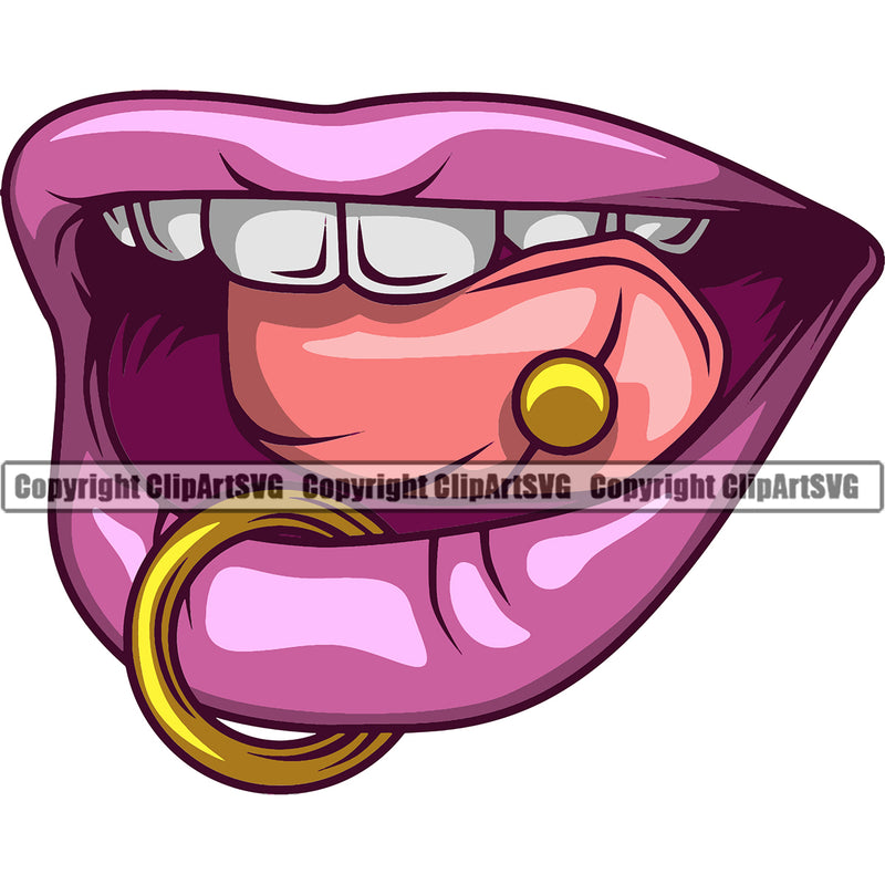 Sexy Lips Sticking Tongue Out Piercing White Teeth Color Design Element Face Sexy Mouth Position Head Cartoon Character Mascot Creation Create Art Woman Female Girl Lady Creator Business Company Logo Clipart SVG