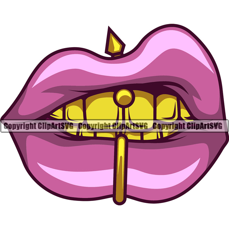 Lips Piercing Gold Teeth Design Element Face Gangster Grill Thug Mean Mug Bling Jewelry Sexy Mouth Position Head Cartoon Character Mascot Male Man Boy Creation Create Art Artwork Creator Business Company Logo Clipart SVG