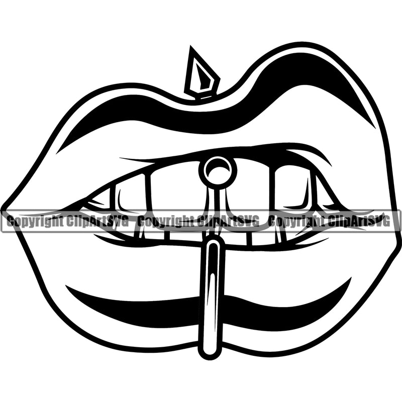 Lips Piercing Design Element Face Sexy Mouth Position Black And White Head Cartoon Character Mascot Creation Create Male Man Boy Artwork Creator Business Company Logo Clipart SVG