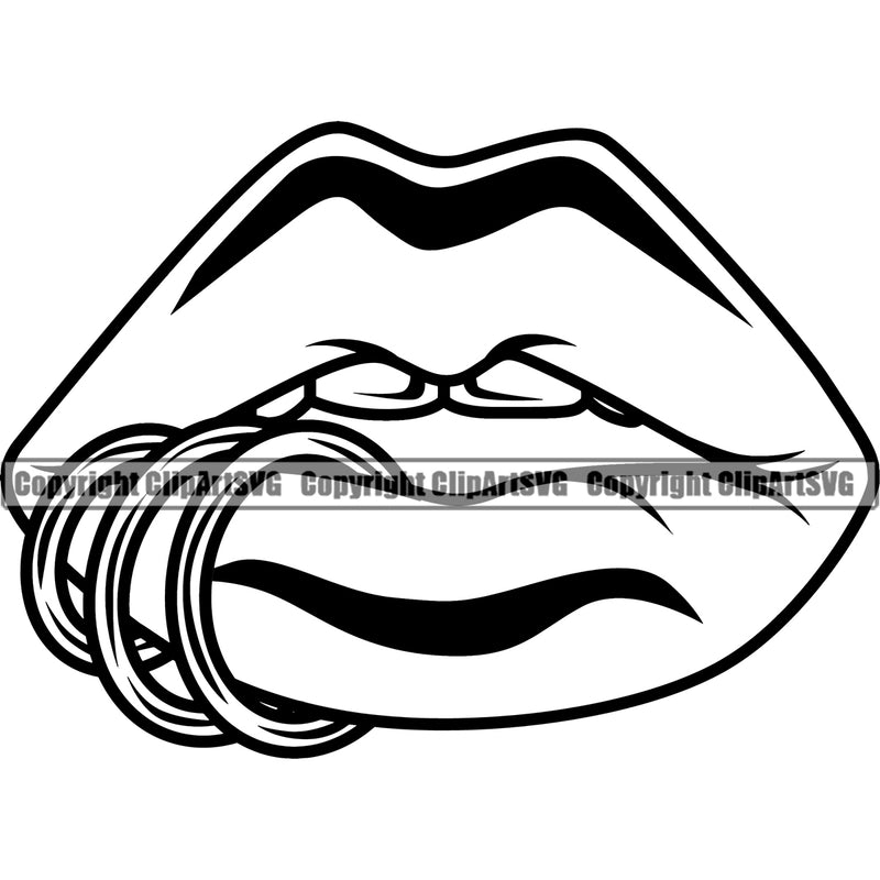 Lips Piercing Design Element Face Sexy Mouth Position Head Black And White Cartoon Character Mascot Creation Create Art Artwork Creator Male Man Boy Company Logo Clipart SVG