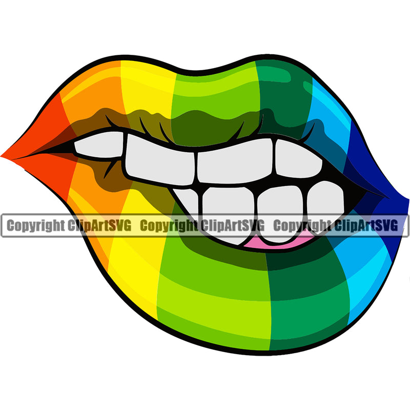 Lips Mouth Teeth Bite Biting Rainbow Dripping Design Element White Woman Female Girl Lady Face Sexy Position Head Cartoon Character Mascot Creation Create Art Artwork Creator Business Company Logo Clipart SVG