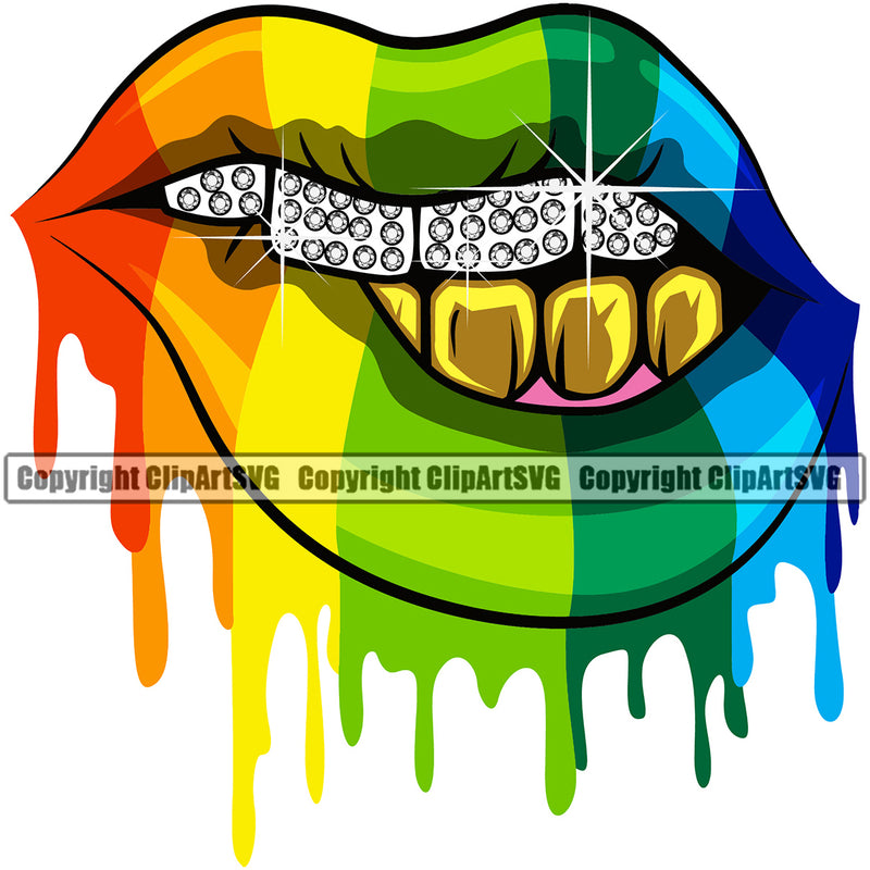 Lips Mouth Teeth Bite Biting Dripping Rainbow Color Design Element Diamond Gold Teeth Face Sexy Gangster Grill Thug Mean Mug Bling Character Mascot Creation Create Woman Female Girl Lady Artwork Creator Business Company Logo Clipart SVG