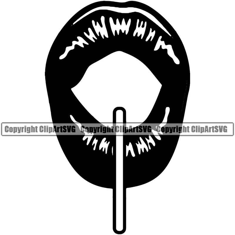 Lips Suck Sucking Lollipop Black Color Lip Design Element Face Sexy Woman Female Girl Lady Mouth Position Head Cartoon Character Mascot Creation Create Art Artwork Creator Business Company Logo Clipart SVG