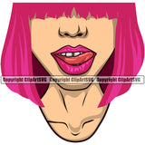 Lips Tongue Bite Design Element Face Sexy Woman Female Girl Lady Pink Hair Mouth Position Head Cartoon Character Mascot Creation Create Art Artwork Creator Business Company Logo Clipart SVG