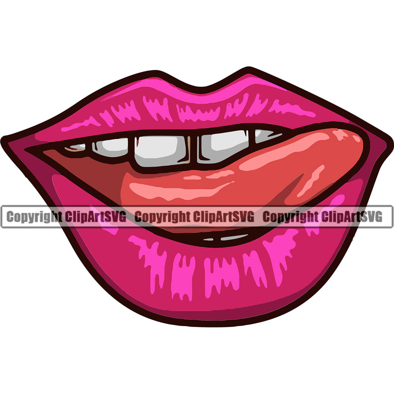 Lips Tongue Teeth Bite Design Element Face Sexy Mouth Position Head Cartoon Mascot Creation Create Art Artwork Woman Female Girl Lady Business Company Logo Clipart SVG