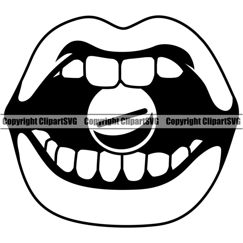 Lips Teeth Bite Biting Drug Pill Capsule Design Element Face Sexy Mouth Ball Position Head Cartoon Woman Female Girl Lady Mascot Creation Create Art Artwork Creator Business Company Logo Clipart SVG