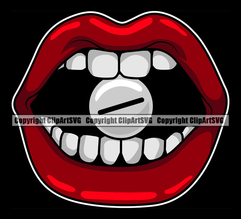 Lips Teeth Bite Biting Drug Pill Capsule Red Black Background Design Element Face Sexy Mouth Ball Position Head Cartoon Character Mascot Creation Create Art Artwork Woman Female Girl Lady Business Company Logo Clipart SVG