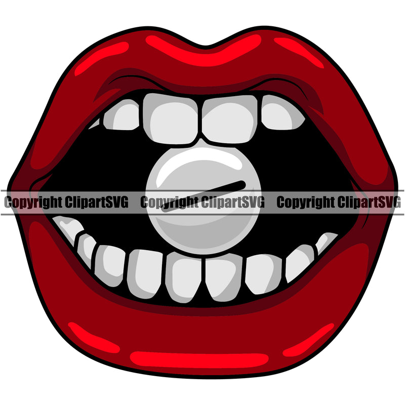 Lips Teeth Bite Biting Drug Pill Capsule Red White Background Design Element Face Sexy Mouth Ball Position Woman Female Girl Lady Cartoon Character Mascot Creation Create Art Artwork Creator Business Company Logo Clipart SVG