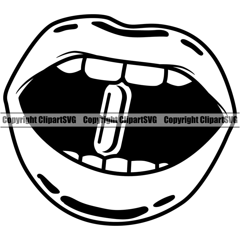 Lips Teeth Bite Biting Drug Pill Capsule Design Element Face Woman Female Girl Lady Mouth Position Head Cartoon Character Mascot Creation Create Art Artwork Creator Business Company Logo Clipart SVG