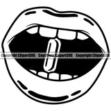 Lips Teeth Bite Biting Drug Pill Capsule Design Element Face Woman Female Girl Lady Mouth Position Head Cartoon Character Mascot Creation Create Art Artwork Creator Business Company Logo Clipart SVG