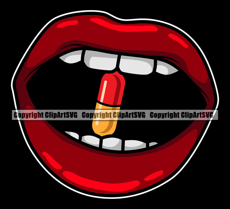 Lips Teeth Bite Biting Drug Pill Capsule Black Color Back Ground Design Element Face Sexy Mouth Position Woman Female Girl Lady Cartoon Character Mascot Creation Create Art Artwork Creator Business Company Logo Clipart SVG