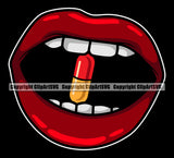 Lips Teeth Bite Biting Drug Pill Capsule Black Color Back Ground Design Element Face Sexy Mouth Position Woman Female Girl Lady Cartoon Character Mascot Creation Create Art Artwork Creator Business Company Logo Clipart SVG