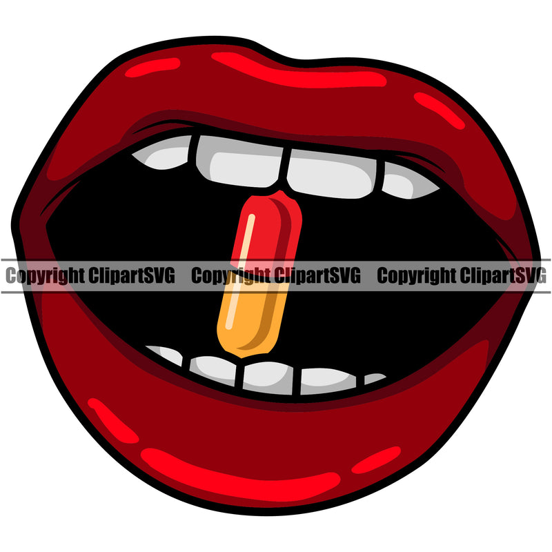 Lips Teeth Bite Biting Drug Pill Capsule Design Element Face Sexy Capsule Mouth Position Head Cartoon Woman Female Girl Lady Character Mascot Creation Create Art Artwork Creator Business Company Logo Clipart SVG
