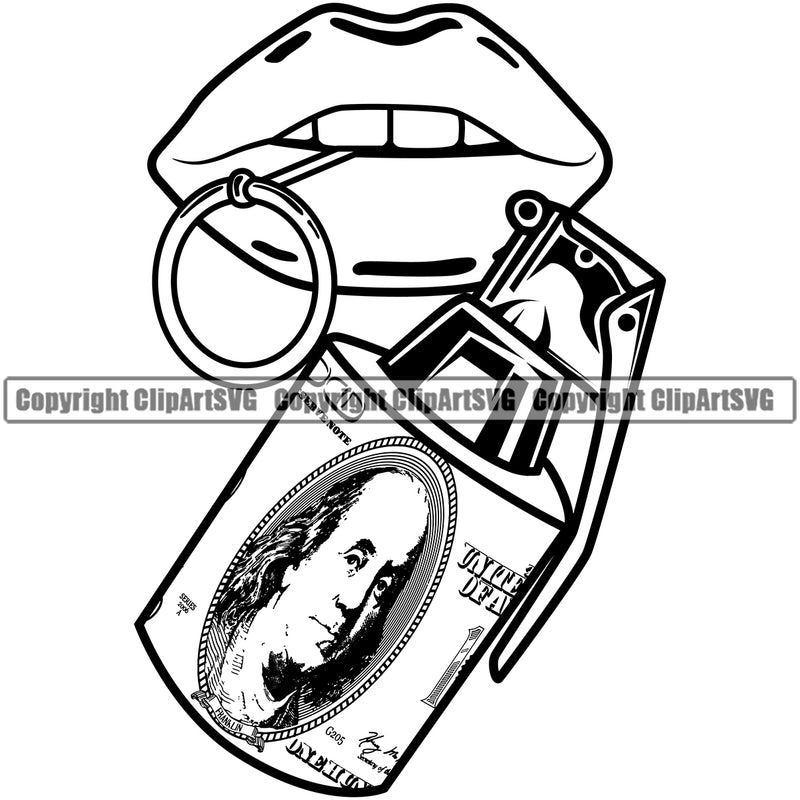 Lips $100 Dollar Bill Cash Money Military Hand Grenade Bomb Design Element Face Sexy Mouth Position Woman Female Girl Lady Cartoon Character Mascot Creation Create Art Artwork Creator Business Company Logo Clipart SVG