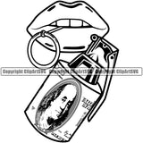 Lips $100 Dollar Bill Cash Money Military Hand Grenade Bomb Design Element Face Sexy Mouth Position Woman Female Girl Lady Cartoon Character Mascot Creation Create Art Artwork Creator Business Company Logo Clipart SVG