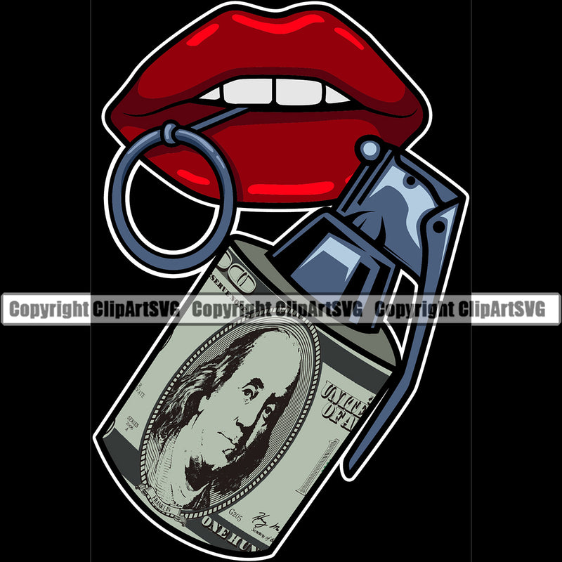 Lips $100 Dollar Bill Cash Money Military Hand Grenade Bomb Design Element Face Sexy Mouth Position Head Woman Female Girl Lady Character Mascot Creation Create Art Artwork Creator Business Company Logo Clipart SVG