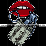 Lips $100 Dollar Bill Cash Money Military Hand Grenade Bomb Design Element Face Sexy Mouth Position Head Woman Female Girl Lady Character Mascot Creation Create Art Artwork Creator Business Company Logo Clipart SVG