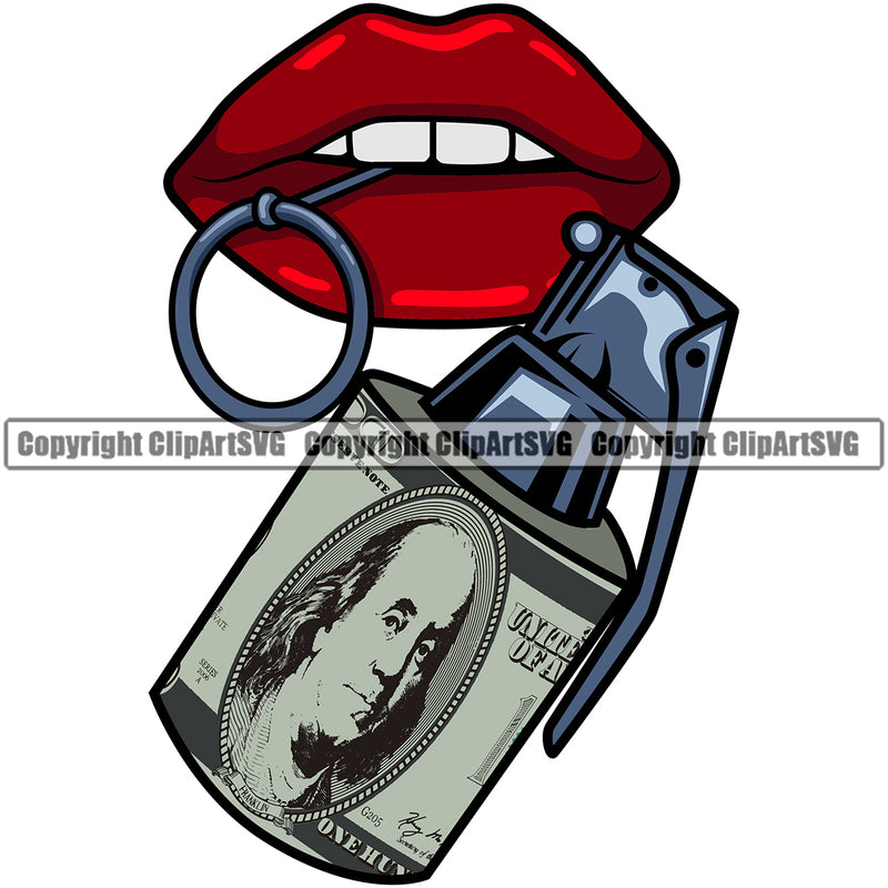 Lips $100 Dollar Bill Cash Money Military Hand Grenade Bomb Red Color With Bomb Design Element Face Sexy Mouth Position Woman Female Girl Lady Cartoon Character Mascot Creation Create Art Artwork Creator Business Company Logo Clipart SVG
