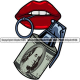 Lips $100 Dollar Bill Cash Money Military Hand Grenade Bomb Red Color With Bomb Design Element Face Sexy Mouth Position Woman Female Girl Lady Cartoon Character Mascot Creation Create Art Artwork Creator Business Company Logo Clipart SVG