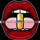 Lips Drug Pill Capsule On Tongue Color Background Red Lip Design Element Face Sexy Mouth Position Woman Female Girl Lady Cartoon Character Mascot Creation Create Art Artwork Creator Business Company Logo Clipart SVG