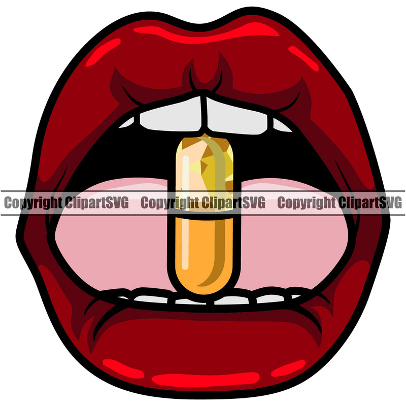 Lips Drug Pill Capsule On Tongue Red Color Design Element Face Sexy Mouth Position Head Cartoon Woman Female Girl Lady Character Mascot Creation Create Art Artwork Creator Business Company Logo Clipart SVG