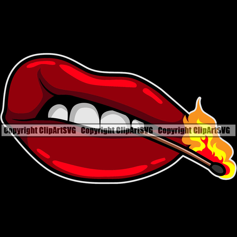 Lips Bite Biting Burning Matchstick Fire Flames Burn Fire Black Background Design Element Face Sexy Mouth Position Woman Female Girl Lady Cartoon Character Mascot Creation Create Art Artwork Creator Business Company Logo Clipart SVG