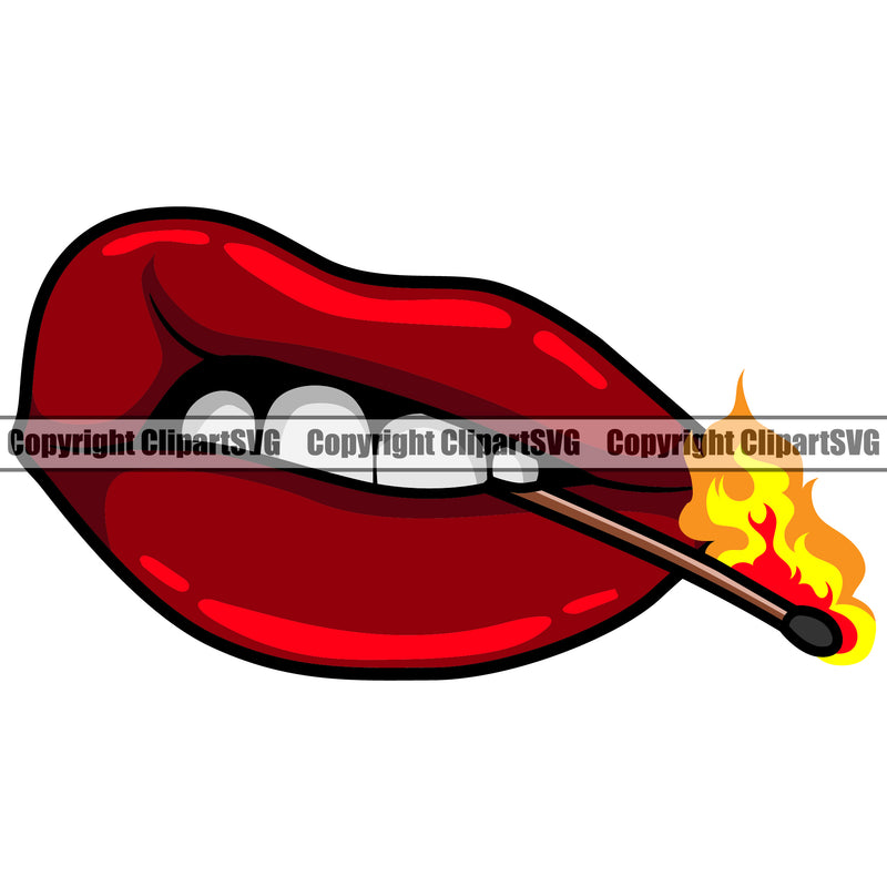 Lips Bite Biting Burning Matchstick Fire Flames Burn Fire Design Element White Teeth Face Sexy Mouth Position Woman Female Girl Lady Cartoon Character Mascot Creation Create Art Artwork Creator Business Company Logo Clipart SVG