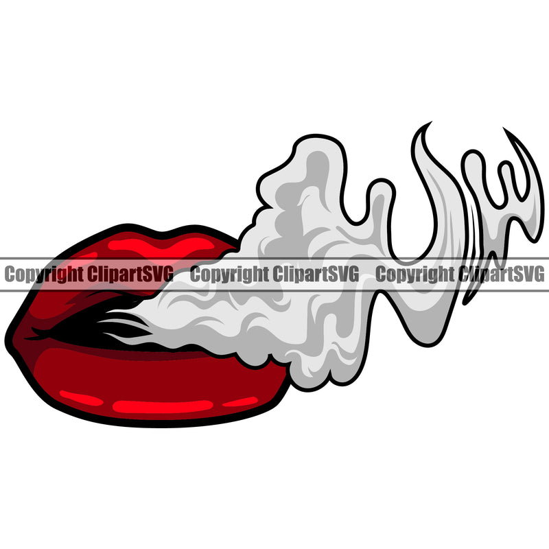 Lips Smoke Smoking Design Element Red Color Smoke Woman Female Girl Lady Face Sexy Mouth Position Head Cartoon Character Mascot Creation Create Art Artwork Creator Business Company Logo Clipart SVG