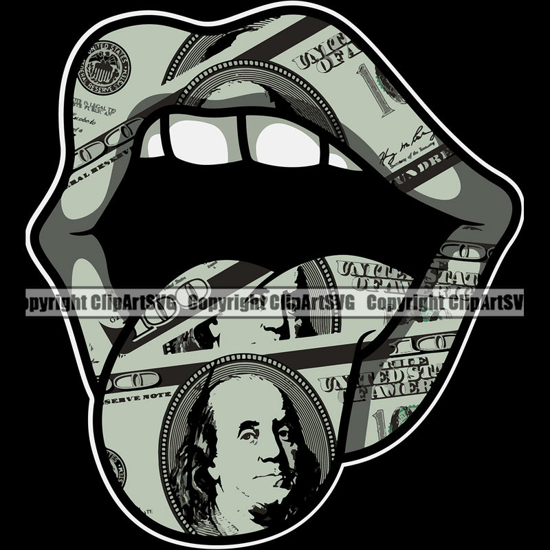 Lips $100 Dollar Bill Cash Money Design Element Face Black Background Woman Female Girl Lady Mouth Position Head Cartoon Character Mascot Creation Create Art Artwork Creator Business Company Logo Clipart SVG