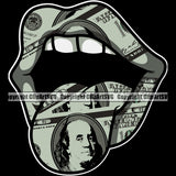 Lips $100 Dollar Bill Cash Money Design Element Face Black Background Woman Female Girl Lady Mouth Position Head Cartoon Character Mascot Creation Create Art Artwork Creator Business Company Logo Clipart SVG
