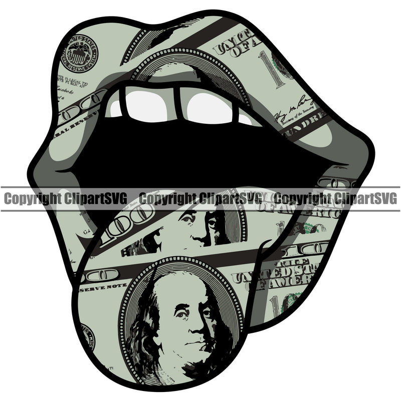 Lips $100 Dollar Bill Cash Money Coin Woman Female Girl Lady Design Element Face Sexy Mouth Position Head Cartoon Character Mascot Creation Create Art Artwork Creator Business Company Logo Clipart SVG