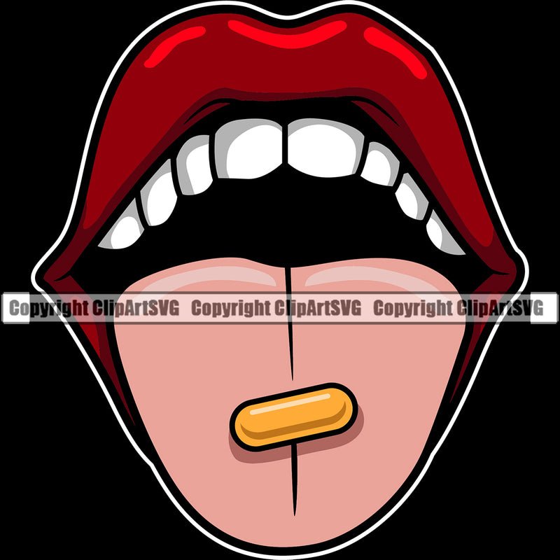 Lips Drug Pill Capsule On Tongue Red Color White Teeth Design Element Face Sexy Mouth Position Head Cartoon Character Mascot Creation Create Art Artwork Creator Business Company Logo Clipart SVG