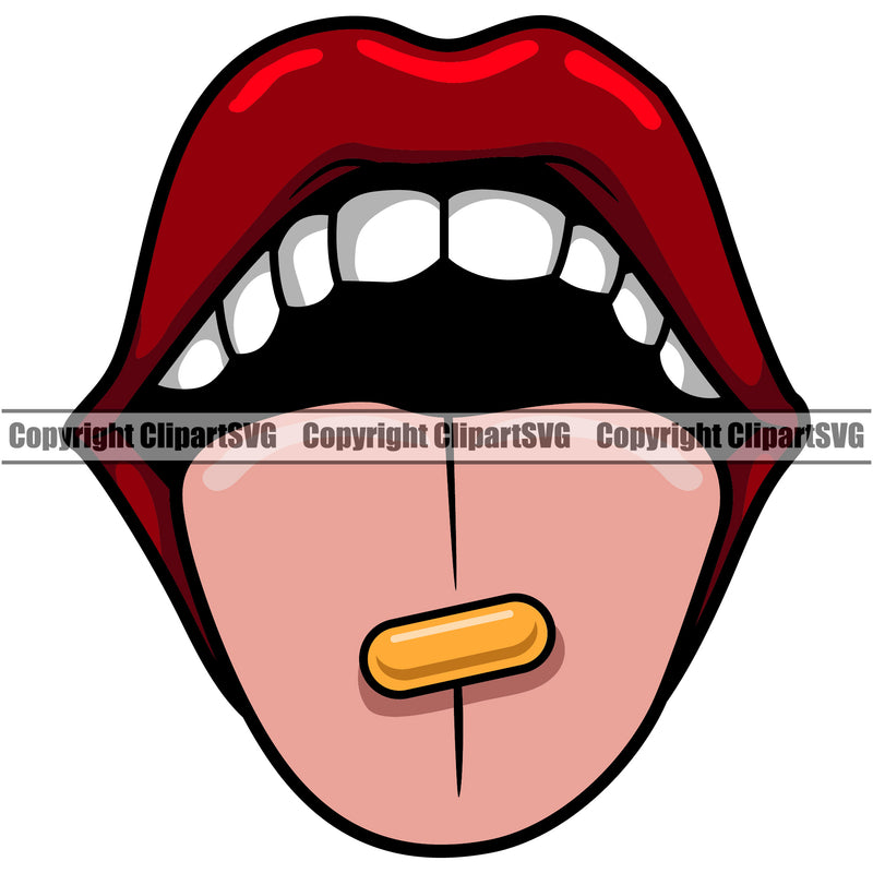 Lips Drug Pill Capsule On Tongue Medical Medicine Doctor White Teeth Woman Female Girl Lady Design Element Character Mascot Creation Create Art Artwork Creator Business Company Face Sexy Mouth Position Head Cartoon Logo Clipart SVG